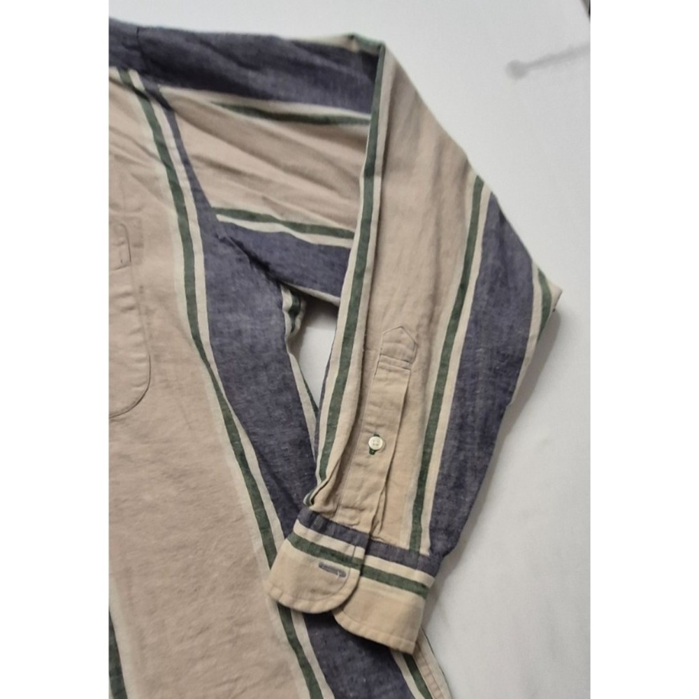 VTG‎ Tommy Hilfiger men's tan striped LS button up shirt logo/pocket Linen Blend - Picture 3 of 12